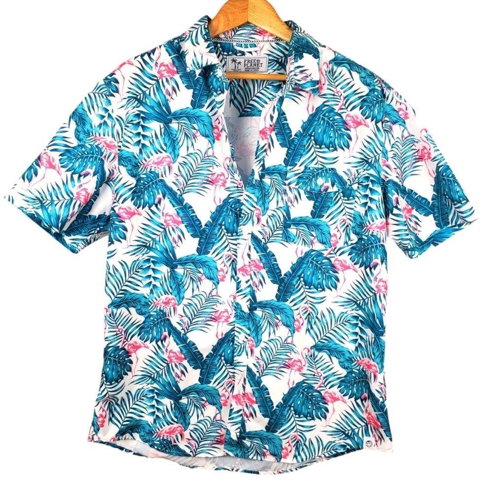 Free Planet Blue Pink Hawaiian Shirt XL. Palms & Flamingos : sku A0009